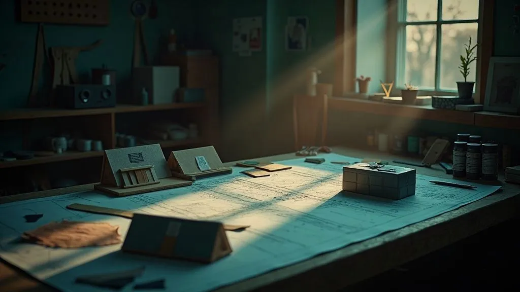An architectural blueprint with tools and materials spread out